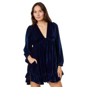 New Free People Estella Velvet Mini Dress Oceana Navy Blue Women's Size XS Boho